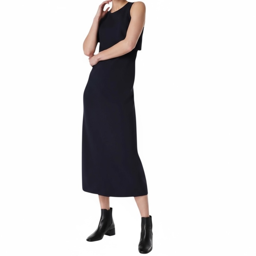 SPANX ponte fitted overlay midi dress classic navy open back